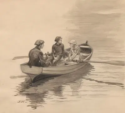 Трое детей, два мальчика и девочка, в лодке by Ингеборг Хильдаль, 1922 — digital art print download