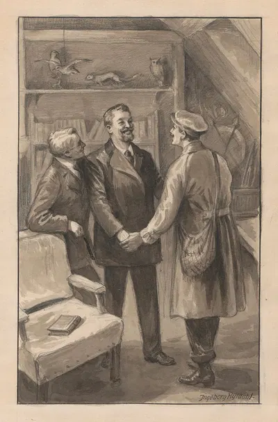 Three men in a study room by Ingeborg Hyldahl — digital art print download
