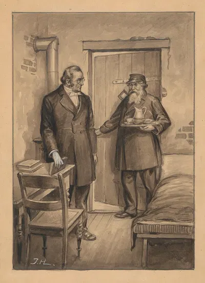 Two men in a poor living room by Ingeborg Hyldahl — digital art print download
