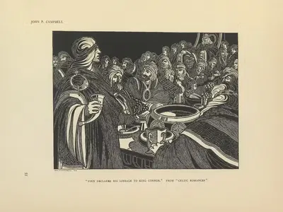 Finn declares his lineage to King Connor – Celtic Romances by John Patrick Campbell, 1914 — digital art print download