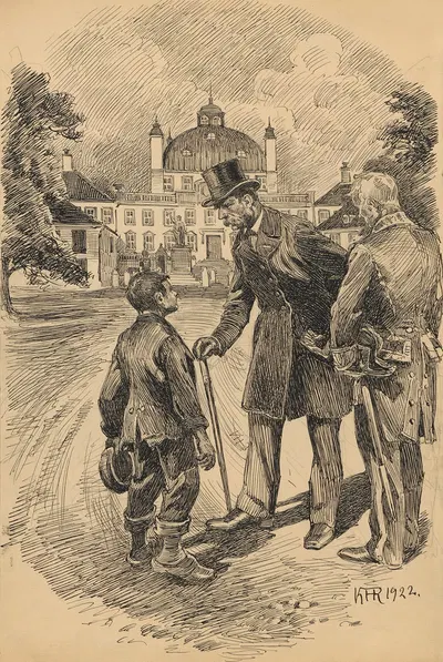 A man wearing a top hat and carrying a walking stick listens intently to what a little boy is saying by Karl Hansen…