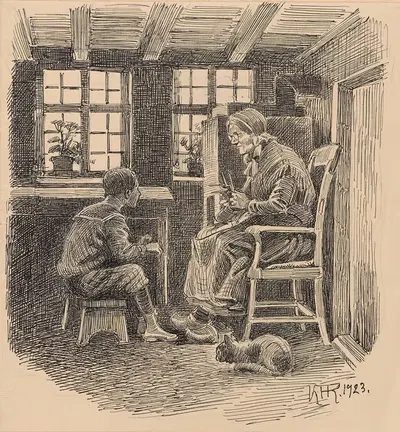 Мальчик разговаривает с пожилой женщиной, которая вяжет. by Карл Хансен Рейстрюп, 1924 — digital art print download