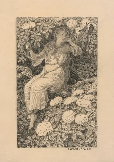 A young woman with a wreath of flowers in her hair by Luplau Janssen — digital art print download