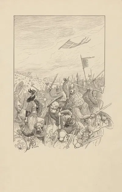 Датский флаг падает с неба на поле боя. by Расмус Кристиансен, 1896 — digital art print download