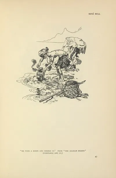 He took a knife and opened it – The Arabian Nights by René Bull, 1914 — digital art print download