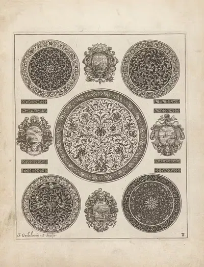Five circular ornaments and the four elements in coats of arms by Simon Gribelin, 1704 — digital art print download