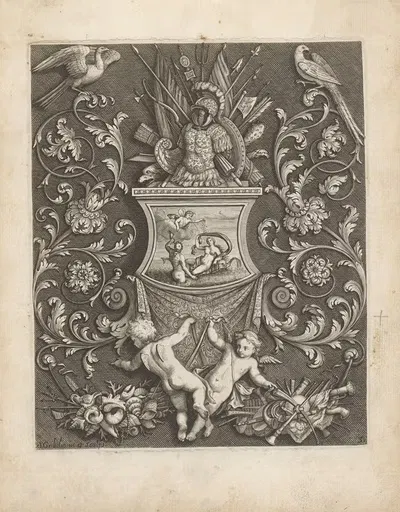 Pedestal with Galatea on it wearing armor with weapon trophies and putti by Simon Gribelin, 1704 — digital art print download