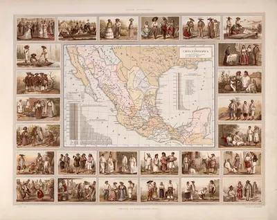 Ethnographic map by Antonio García Cubas, 1885 — digital art print download