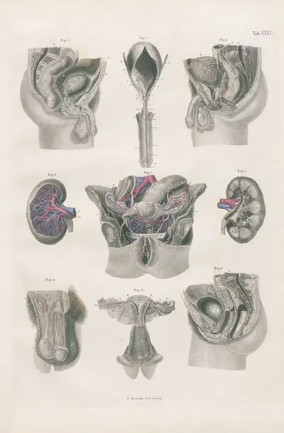 Genitourinary organs of male and female subjects by Carl Ernst Bock, 1880 — digital art print download