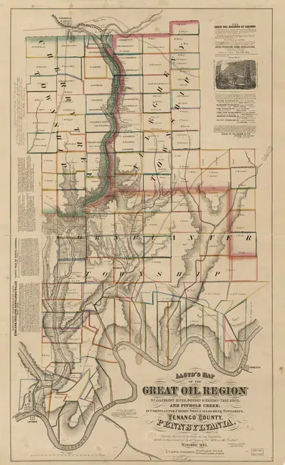 Lloyd's map of the Great Oil Region of Allegheny River, Cherry & Cherry-Tree runs, and Pithole Creek by James T. Lloyd,…