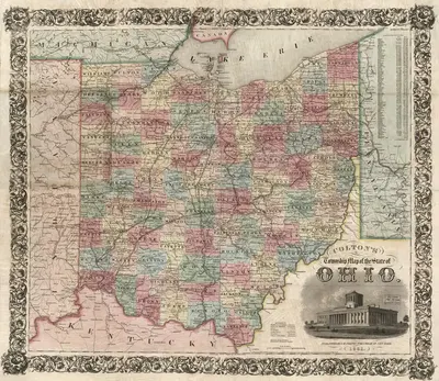 Карта городов округа штата Огайо. by Джозеф Хатчинс Колтон, 1851 — digital art print download