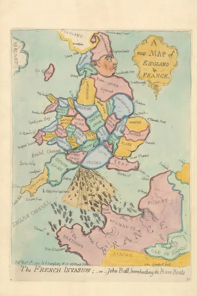 A New Map of England & France. The French Invasion; - or - John Bull bombarding the Bum-Boats by Джеймс Гилрей, 1793 —…