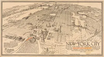 An Aerial View of New York City Showing How Easily the Weary Traveler May Reach the Herald Square Hotel by Richard Edes…