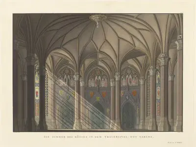 Set design featuring the king's chamber for the tragedy 'Don Carlos' by Friedrich Jügel, 1824 — digital art print download