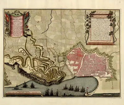 Plan de la ville Barcelone et chateau de Mont Iuy a la Haye by Anna Beek, 1709 — digital art print download