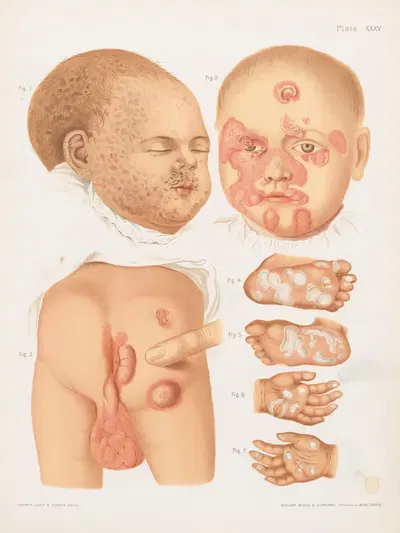 I. Maculo-papular syphilide of the face and hairy scalp of an infant, II. Inherited syphilis, III. Condylomata of the anal…