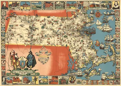 Map of Massachusetts, The Old Bay State. by Elizabeth Shurtleff, 1930 — digital art print download