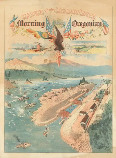 Opening of the Cascade Locks. Morning Oregonian. An Open River to the Sea by Fred A. Routledge, 1896 — digital art print…