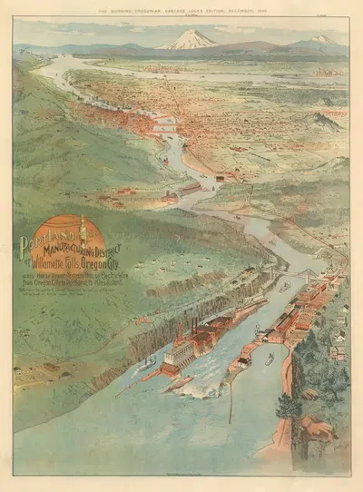 Portland and the Manufacturing District of Willamette Falls, Oregon City. by Fred A. Routledge, 1896 — digital art print…