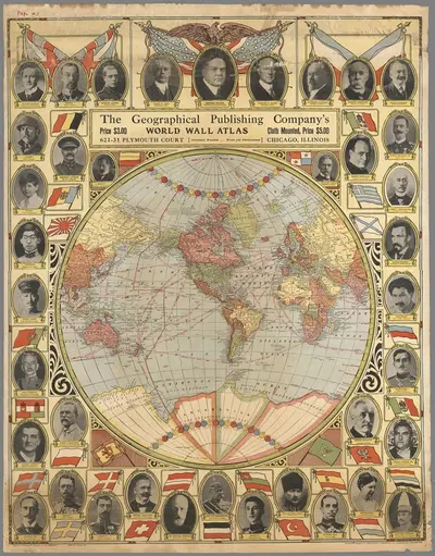 Entire World in One Hemisphere. Portraits; World Leaders. by Geographical Publishing Company, 1921 — digital art print…