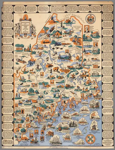A romance map of the state of Maine by Mildred C. Green, 1936 — digital art print download