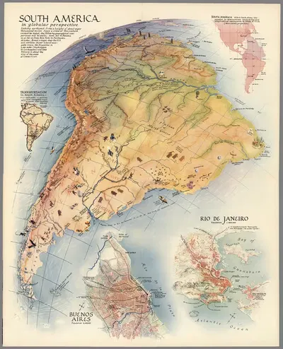 South America in globular perspective by Richard Edes Harrison, 1937 — digital art print download