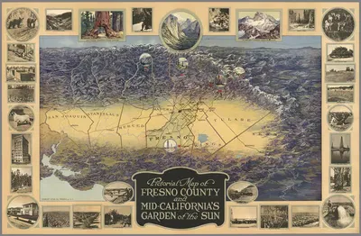 Pictorial Map of Fresno County and Mid-California's Garden of the Sun by Шмидт Лито Ко, 1919 — digital art print download