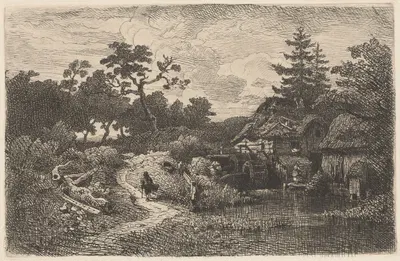 Landscape with a Mill and a Wanderer by Andreas Achenbach, 1885 — digital art print download