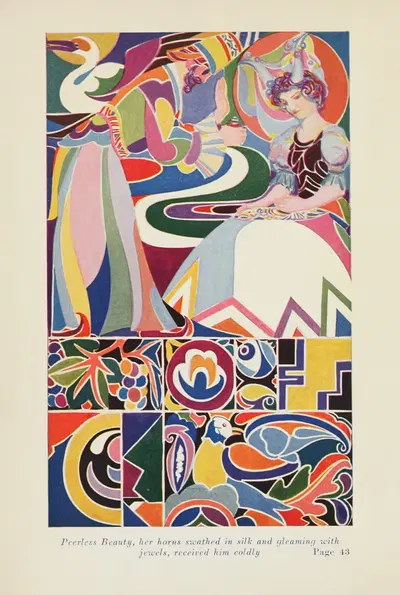 Peerless Beauty, her Horns Swathed in Silk and Gleaming with Jewels, Received him Coldly by Jay Van Everen, 1921 — digital…