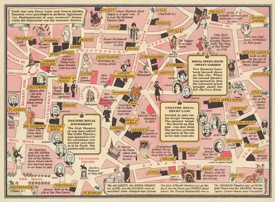 Mr. Rich In the Character of Harlequin Introducing A map of The London Theatres by John Pearson Sayer, 1948 — digital art…