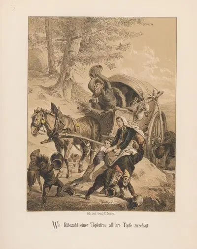 Wie Rübezahl einer Töpferfrau all ihre Töpfe zerschlägt by August Beck, 1857 — digital art print download