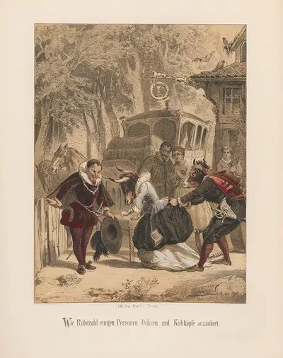 Wie Rübezahl einigen Personen Ochsen und Kuhköpfe anzaubert by August Beck, 1857 — digital art print download