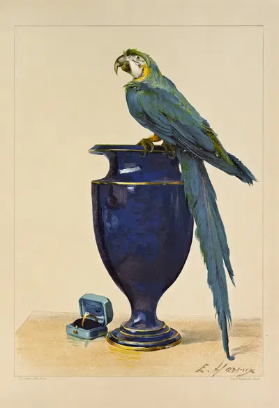 Etude des tons bleus - Ara du brésil, perché sur un vase de sevres by Ernest Hareux, 1900 — digital art print download