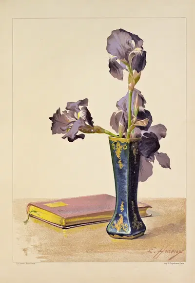 Étude des tons violets - Iris dans un vase de verre by Ernest Hareux, 1900 — digital art print download