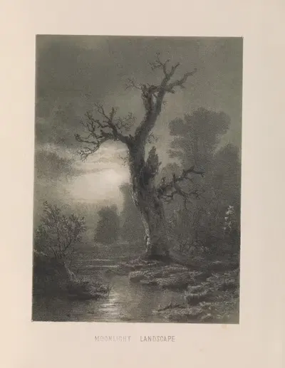 Moonlight Landscape - After a sketch by Achenbach by Mary Botham Howitt, 1854 — digital art print download