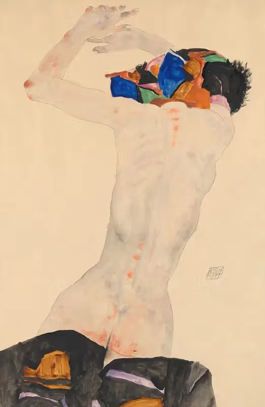 Rückenakt mit buntem Tuch — Egon Schiele