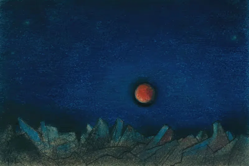 Ohne Titel (Roter Mond über Trümmerlandschaft) — Karl Wiener