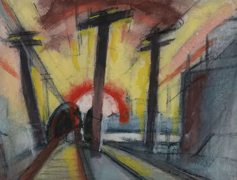 Железнодорожные пути (Городской пейзаж с солнцем) by Оскар Блюмнер, 1927 — digital art print download