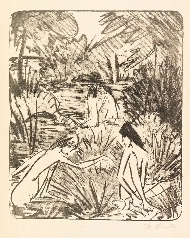 Waldsee mit drei badenden und einem sitzenden Mädchen 2 — Otto Mueller