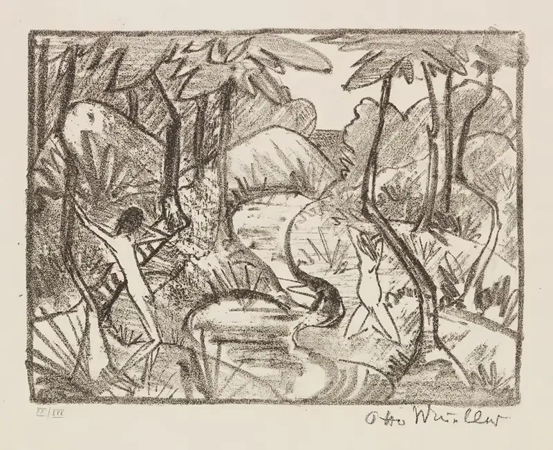Zwei Figuren am Waldbach 2 (Waldlandschaft) — Otto Mueller