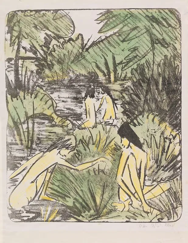 Waldsee mit drei badenden und einem sitzenden Mädchen 2 — Otto Mueller