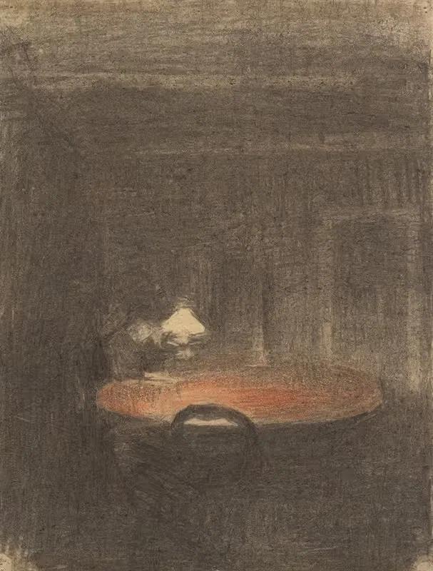 Figure Reading at a Table in an Interior at Night — Vilhelm Hammershøi