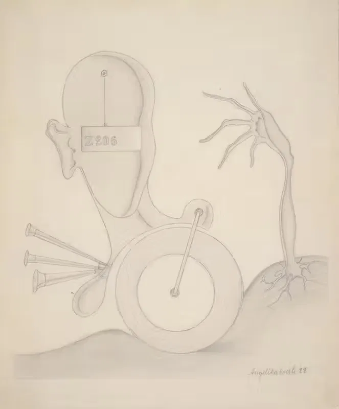 Head with Sign, Hand, Wheel, and Auto Horn — Angelika Hoerle