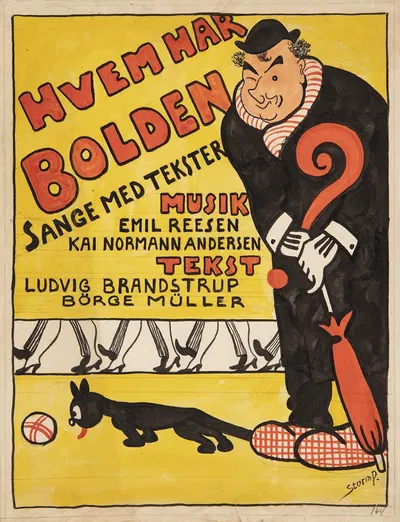 Forlæg til titelblad til 'Hvem har Bolden'. Karikeret portræt af Carl Alstrup by Robert Storm Petersen, 1924 - 1928 —…