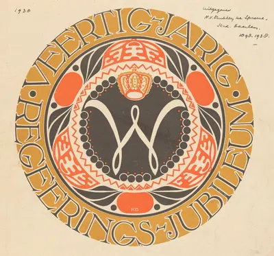 Embleem voor veertigjarig regeringsjubileum koningin Wilhelmina der Nederlanden by Carel Adolph Lion Cachet, 1938 — digital…