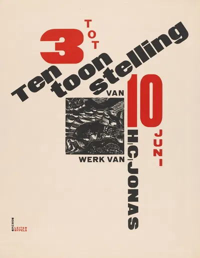 Affiche voor een tentoonstelling van werk H.C. Jonas. 3 tot 10 juni met prent van walvis en schipbreukeling by Анри Йонас,…