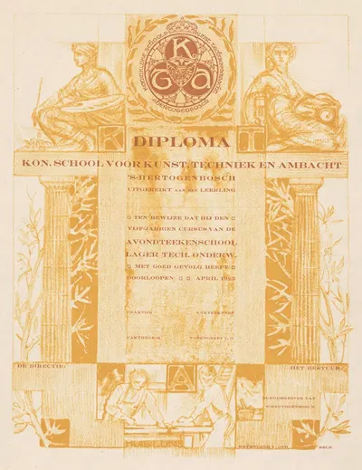 Diploma van de koninklijke school voor kunst, techniek en ambacht in Den Bosch by Хуйб Лунс, 1891 — digital art print…
