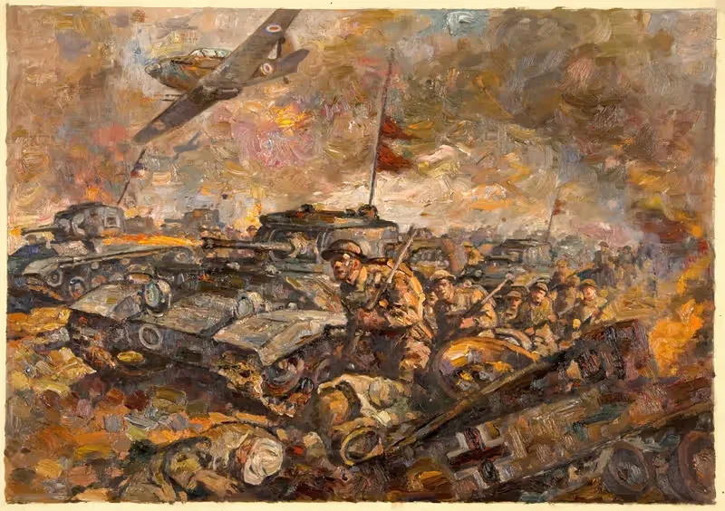 British soldiers and tanks advancing — Anonymous
