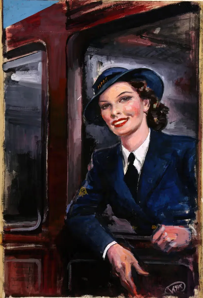 WRNS rating at railway carriage — Anonymous