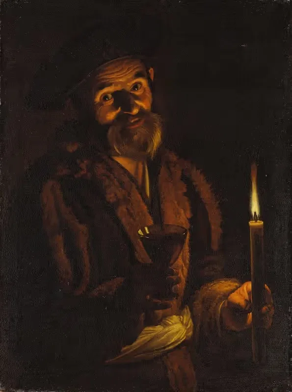 Old Man Holding a Candle and a Glass — Adam de Coster